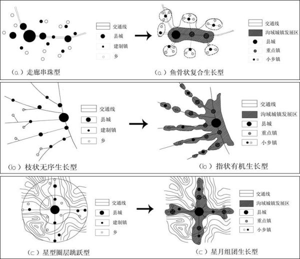 点状零散生长型到复合有机生长型示意图
